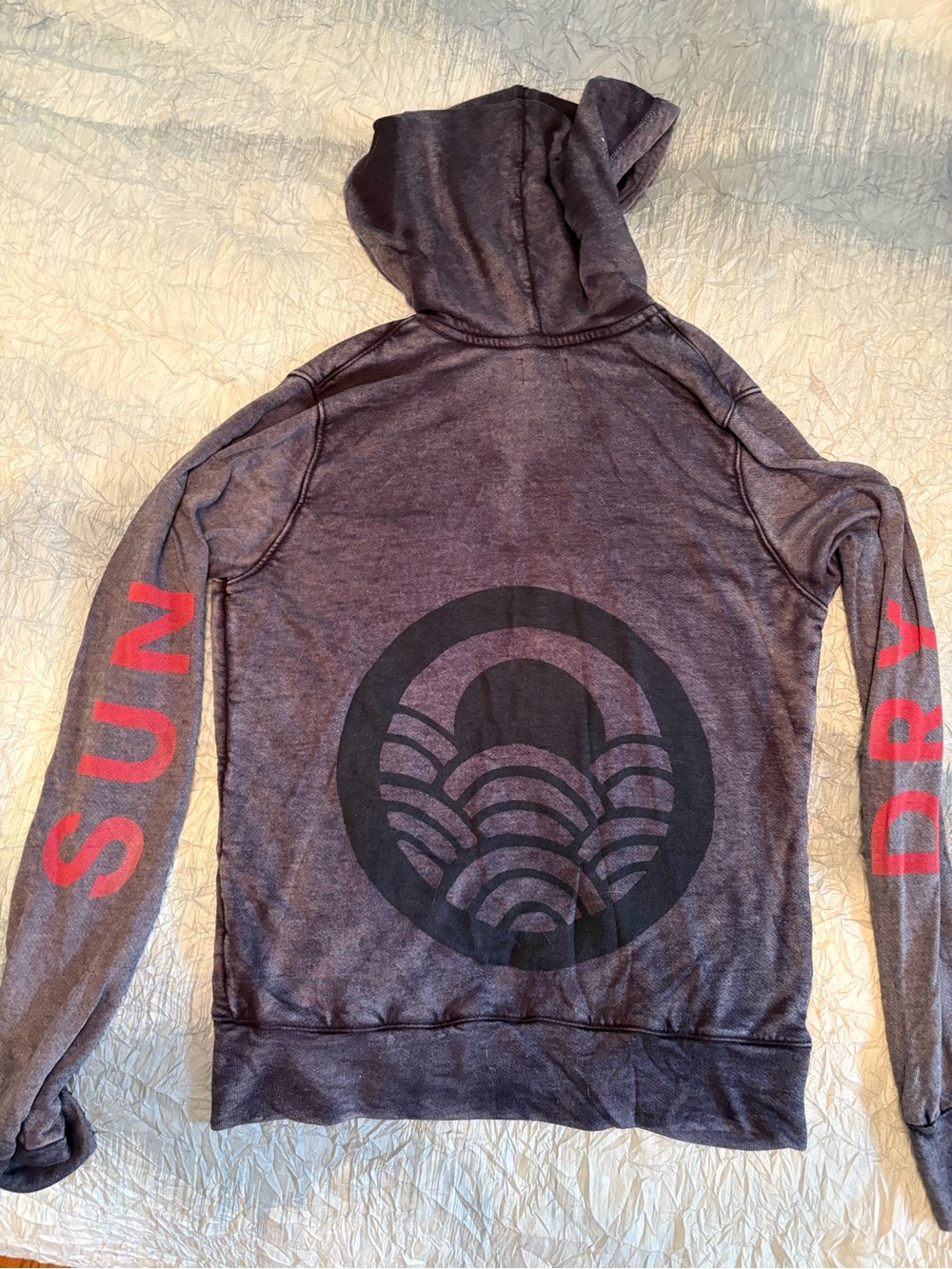 Sundry Navy Zip Hoodie with Red Sleeve Text